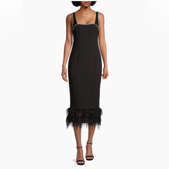 Likely Georgie Feather-Embellished Black Sleeveless Feather Midi-Dress Size 4